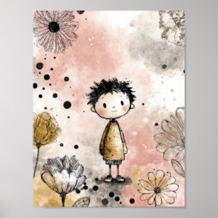Whimsical Boy Watercolor with Floral Accents (3) Poster