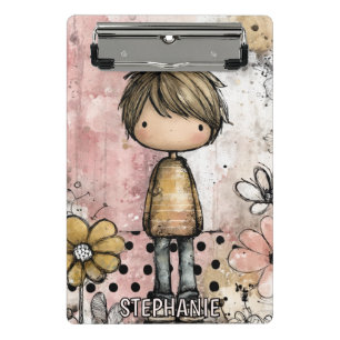 Whimsical Boy Watercolor with Floral Accents (4) Mini Clipboard