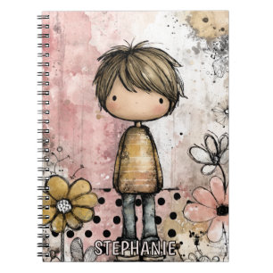 Whimsical Boy Watercolor with Floral Accents (4) Notebook