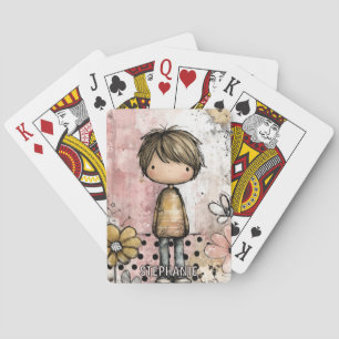 Whimsical Boy Watercolor with Floral Accents (4) Playing Cards