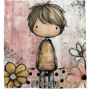 Whimsical Boy Watercolor with Floral Accents (4) Shower Curtain