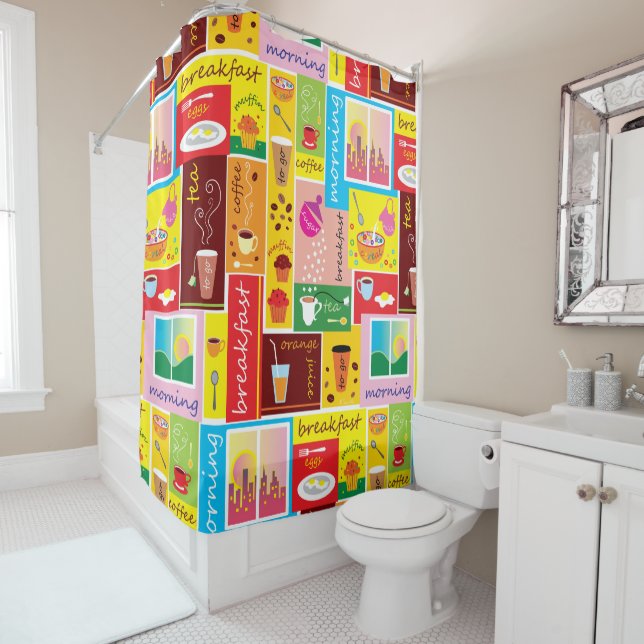 Whimsical Breakfast Pattern Shower Curtain (In Situ)
