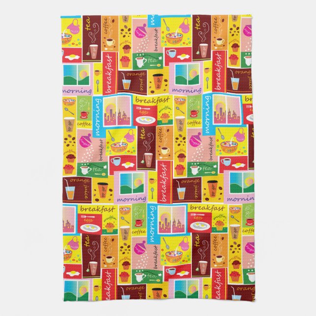 Whimsical Breakfast Pattern Tea Towel (Vertical)