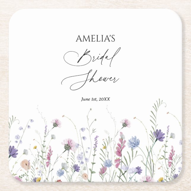Whimsical Bridal Shower Paper Coaster, Purple Square Paper Coaster (Front)