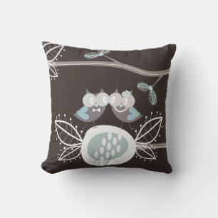 Whimsical Bride Groom Blue Wedding Owls Cushion