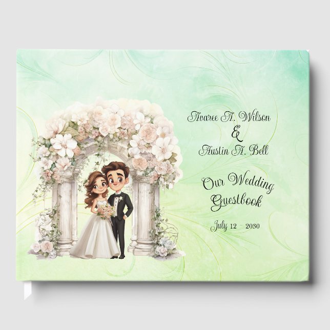 Whimsical Bride Groom Wedding Arch Blue Green Guest Book (Front)