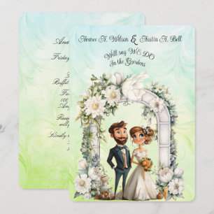 Whimsical Bride Groom Wedding Arch Blue Green Invitation