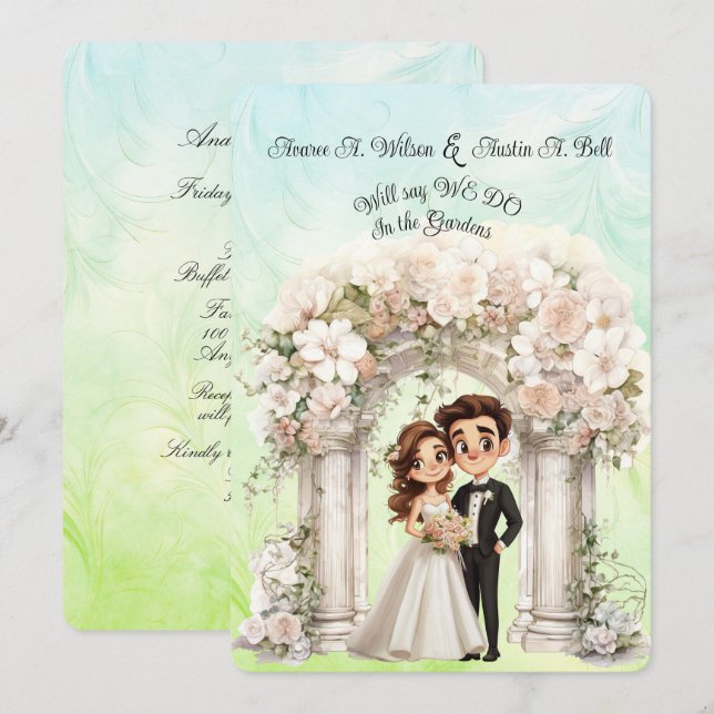 Whimsical Bride Groom Wedding Arch Blue Green Invitation (Front/Back)