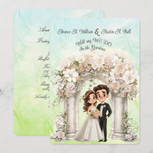 Whimsical Bride Groom Wedding Arch Blue Green Invitation