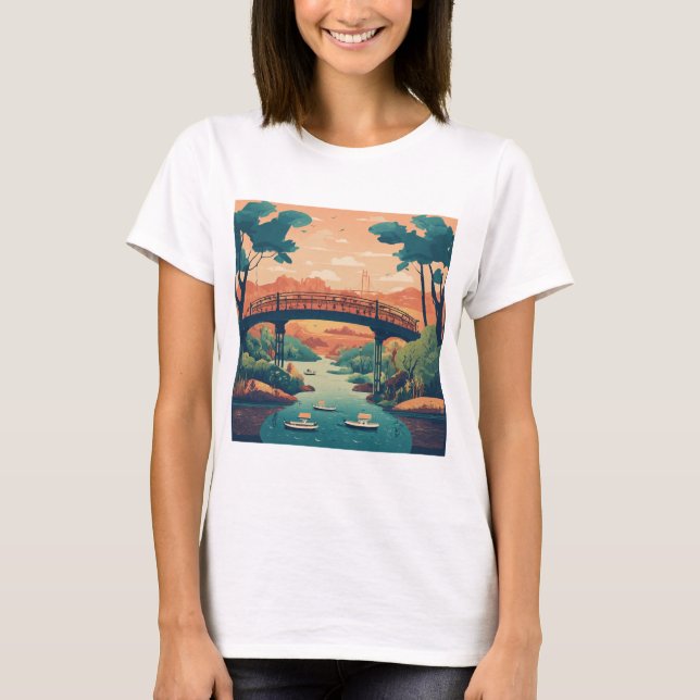 Whimsical Bridge Over River T-Shirt (Front)