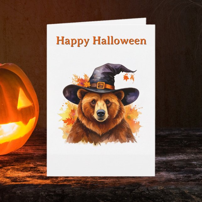 Whimsical Brown Bear Black Witch Hat Halloween Card (Happy Halloween Woodland Brown Bear Greeting Card. Spooky Season Witch Hat Autumnal greetings cards)
