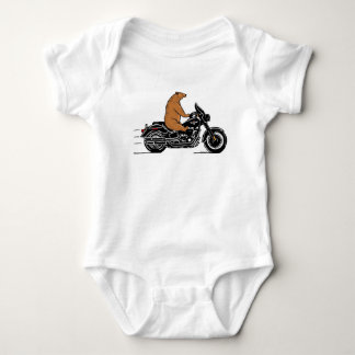 Whimsical brown bear riding a motorcycle baby bodysuit