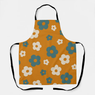 Whimsical Brown & Blue Floral Retro, Cheerful Apron