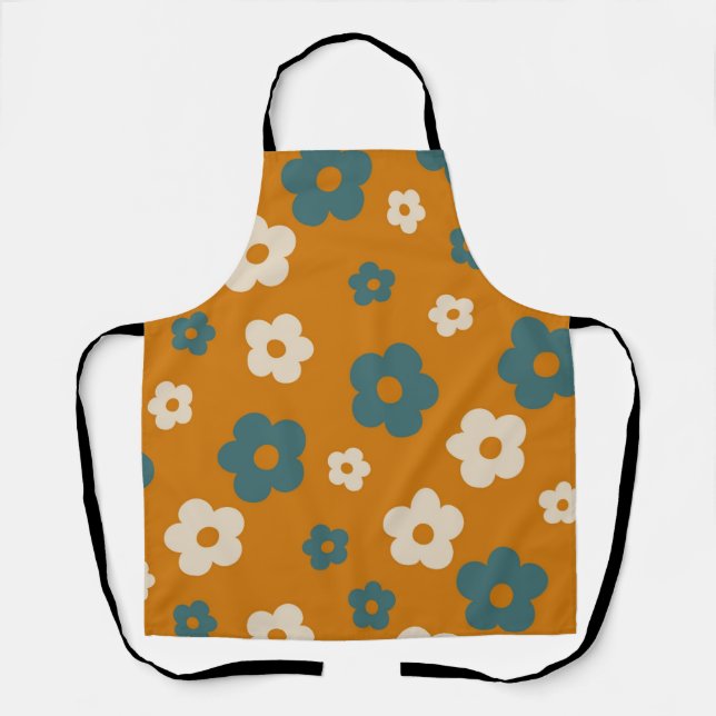 Whimsical Brown & Blue Floral Retro, Cheerful Apron (Front)