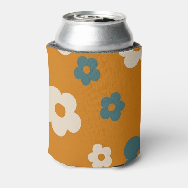 Whimsical Brown & Blue Floral Retro, Cheerful Can Cooler (Can Back)