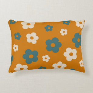 Whimsical Brown & Blue Floral Retro, Cheerful Decorative Cushion