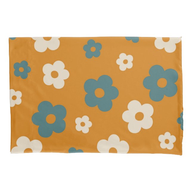 Whimsical Brown & Blue Floral Retro, Cheerful Pillowcase (Front)