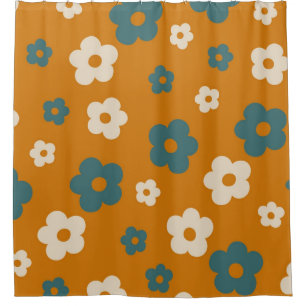 Whimsical Brown & Blue Floral Retro, Cheerful Shower Curtain