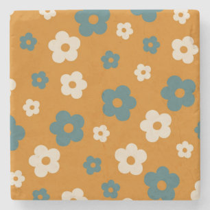 Whimsical Brown & Blue Floral Retro, Cheerful Stone Coaster