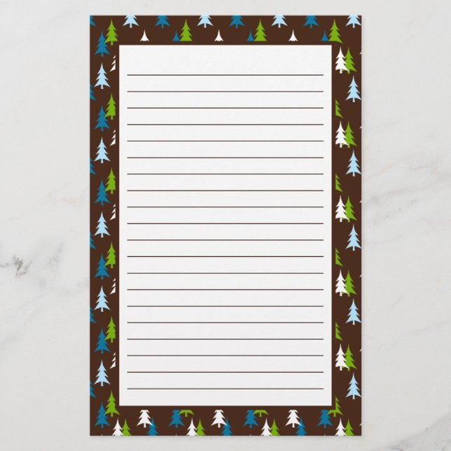 Whimsical Brown Blue Green Christmas Tree Pattern Stationery (Front)