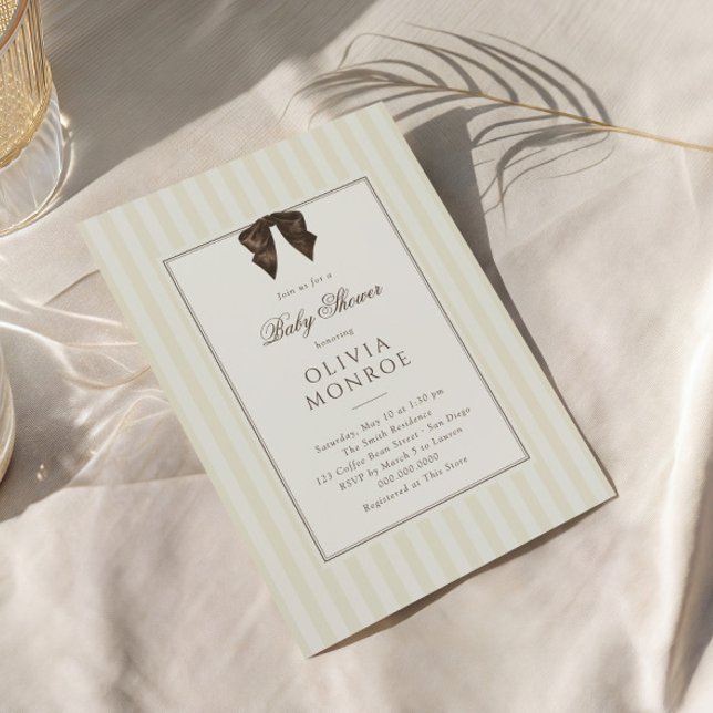 Whimsical Brown Bow Striped Baby Shower Invitation (Creator Uploaded)