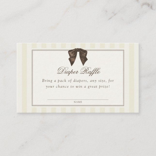 Whimsical Brown Bow Striped Diaper Raffle Enclosure Card (Front)