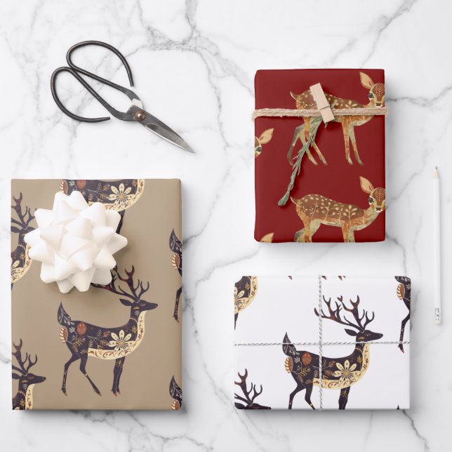 Whimsical Brown Deer Christmas  Wrapping Paper Sheet (Front)