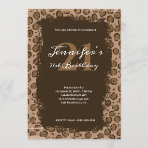 Whimsical Brown Leopard Grunge 21st Birthday Invitation