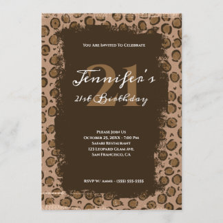 Whimsical Brown Leopard Grunge 21st Birthday Invitation