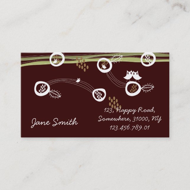 Whimsical Brown Retro Owls Family Nest And Stripes Business Card (Front)