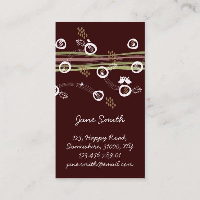 Whimsical Brown Retro Owls Family Nest And Stripes Business Card (Front)
