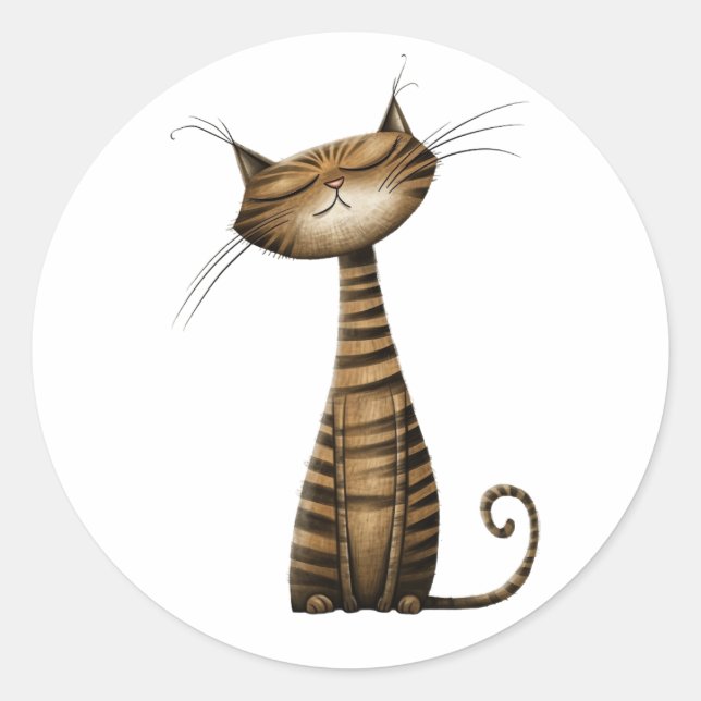Whimsical Brown Tabby Cat Illustration Classic Round Sticker (Front)