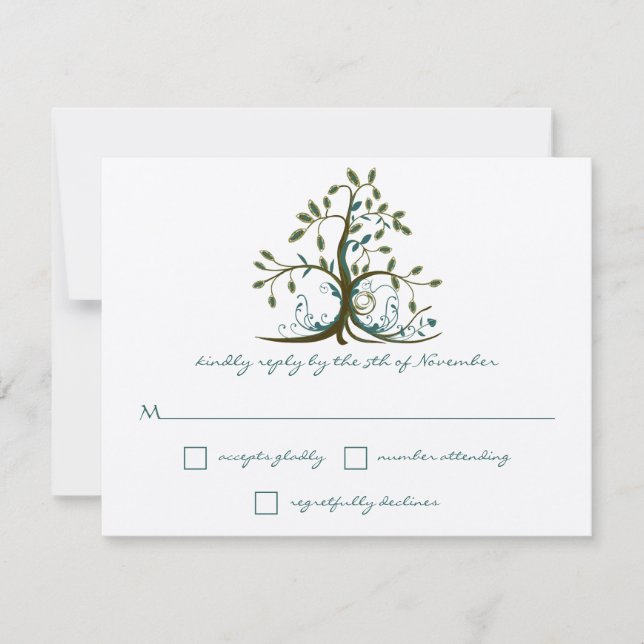 Whimsical Brown Teal Green Tree Wedding RSVP (Front)