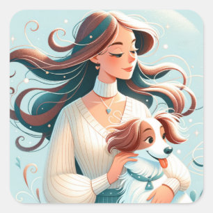 Whimsical Brunette & Cavalier King Charles Spaniel Square Sticker