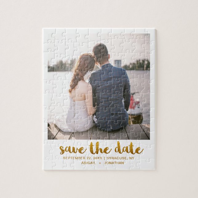 Whimsical Brush Script Photo Save the Date Gold Jigsaw Puzzle (Vertical)