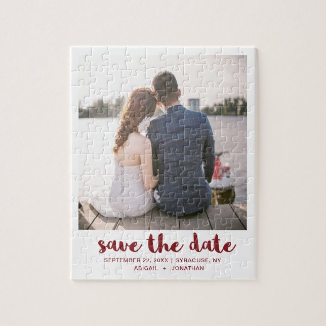 Whimsical Brush Script Photo Save the Date Red Jigsaw Puzzle (Vertical)