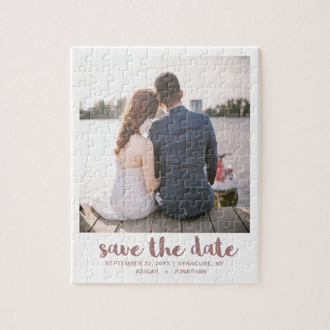 Whimsical Brush Script Photo Save the Date Rose Jigsaw Puzzle (Vertical)