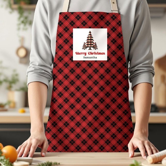 Whimsical Buffalo Plaid Tree Personalized Name  Apron (Whimsical Buffalo Plaid Tree Personalized Name Apron Gift)