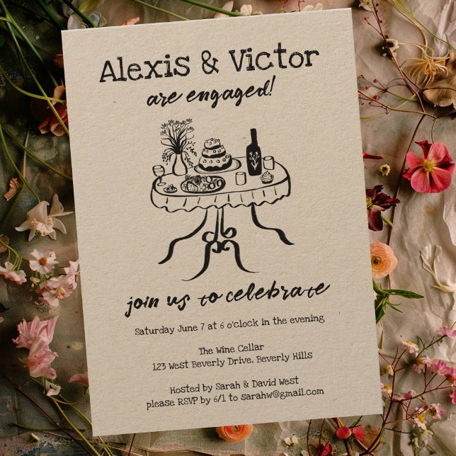 Whimsical Buffet Dinner Custom Engagement Party Invitation (Whimsical Buffet Dinner Custom Engagement Party Invitation Kraft Rustic Doodle Sketch)