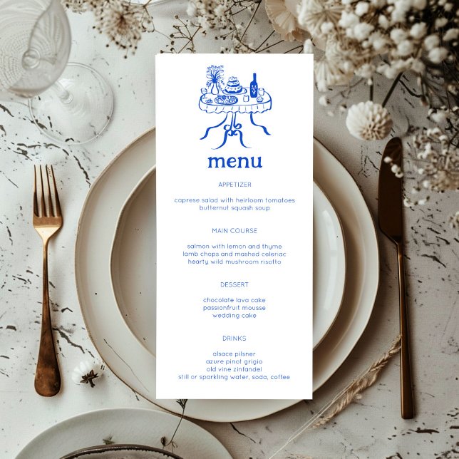 Whimsical Buffet Table Doodle Sketch Modern CUSTOM Menu (Whimsical Buffet Table Doodle Sketch Modern CUSTOM Blue and White Wedding Engagement Party Menu
)
