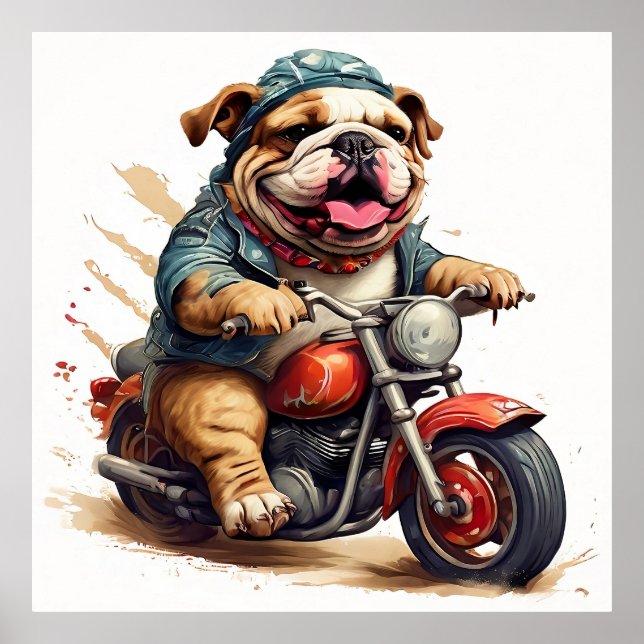 Whimsical Bulldog Chopper Riding a Motorbike Poster (Front)