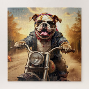 Whimsical Bulldog Chopper Riding a Motorcycle Jigsaw Puzzle