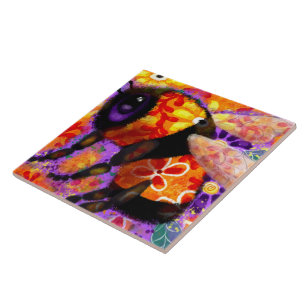 Whimsical Bumble Bee Floral Red Yellow Purple Tile