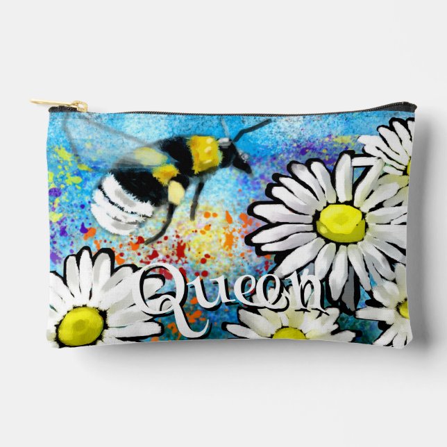 Whimsical Bumble Bee in Daisies Personalised Accessory Pouch (Front)