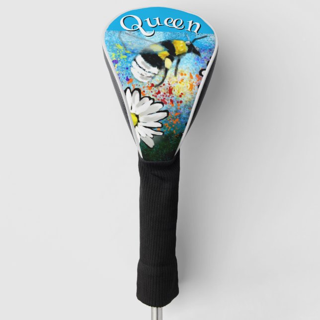 Whimsical Bumble Bee in Daisies Personalised Golf Head Cover (Front)