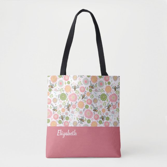 Whimsical Bumblebee Floral Tote Bag (Front)