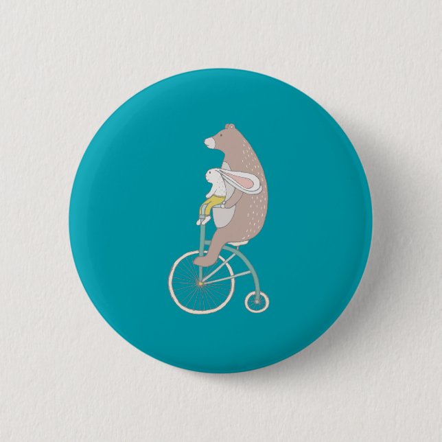 Whimsical Bunny and Bear Riding a Bike 6 Cm Round Badge (Front)