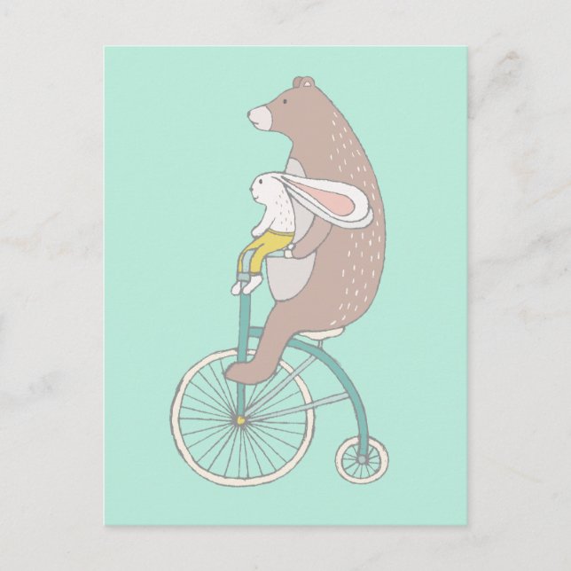 Whimsical Bunny and Bear Riding a Bike Postcard (Front)