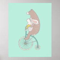 Whimsical Bunny and Bear Riding a Bike