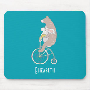 Whimsical Bunny and Bear Riding Together Mouse Mat